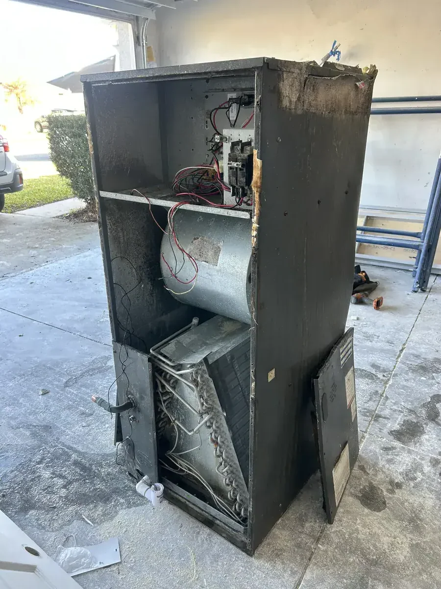 Severely damaged HVAC air handler unit due to improper installation — example of costly mistakes avoided by Smart Home Air and Heat