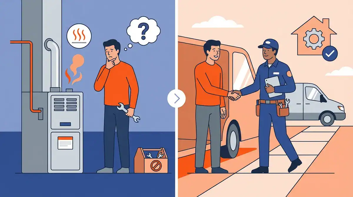 Heating system repair technician inspecting furnace for issues.