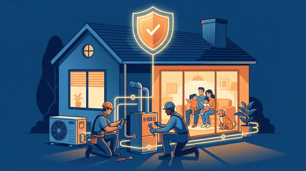 Modern smart home HVAC system with security features and remote control.