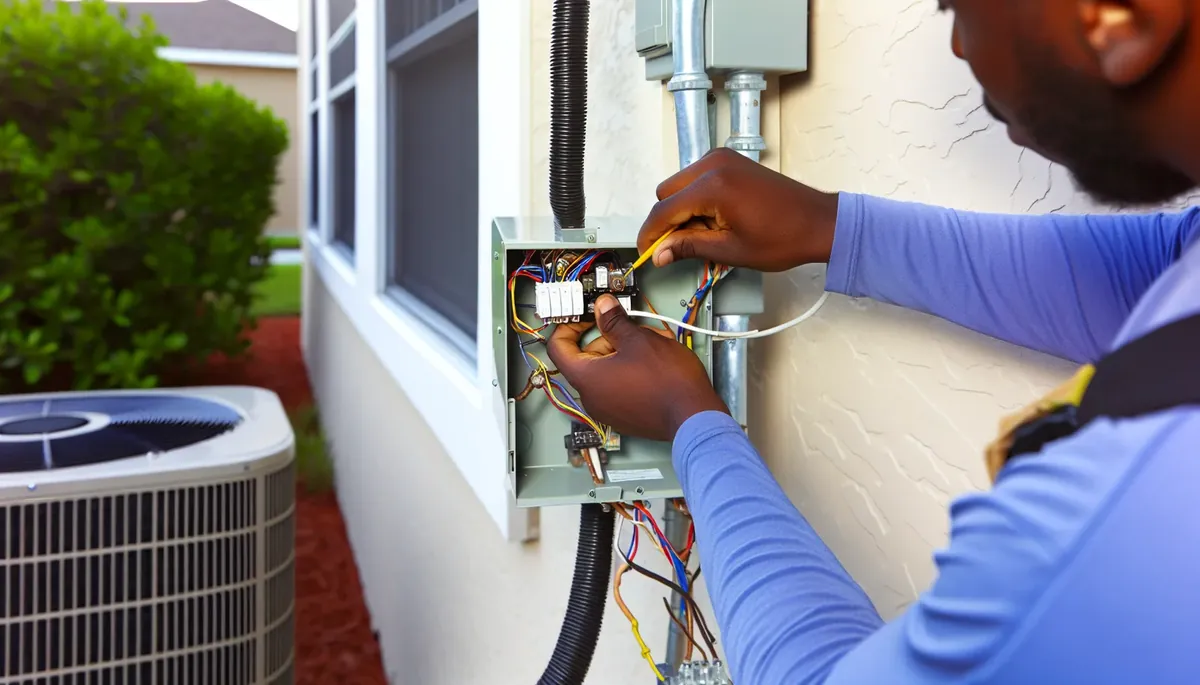 HVAC technician replacing electrical junction box on AC unit in UCF area