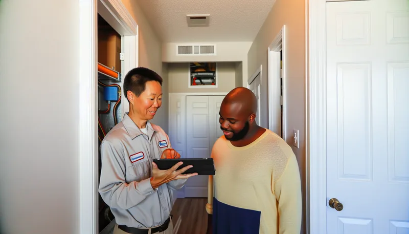 Smart Home Air & Heat technician reviewing heating system report with Union Park homeowner