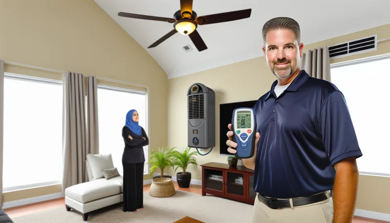 Smart Home Air & Heat technician showing air quality monitor results in Union Park home