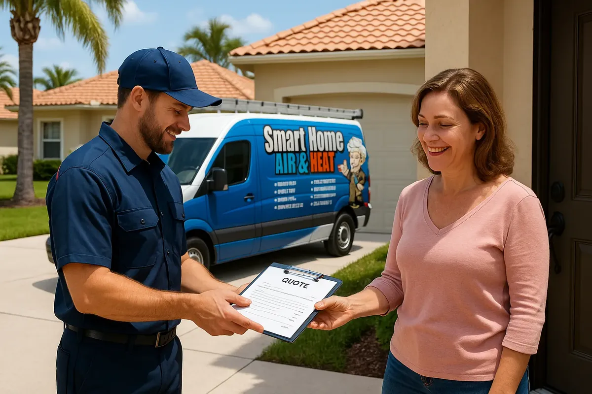 Smart Home Air & Heat technician presenting a written quote to a Winter Park homeowner